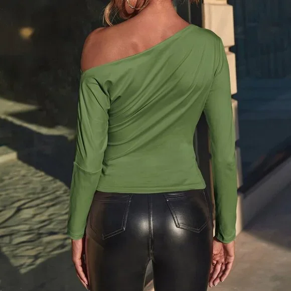 Green Elegant Women's Asymmetrical Neck Ruched Tee - Picture 2 of 6